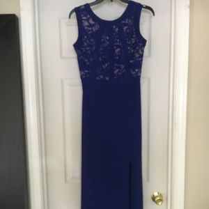 Blue sleek lace slit dress